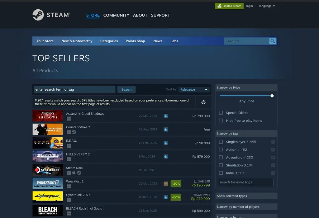 Assassins creed shadows menjadi top seller di steam